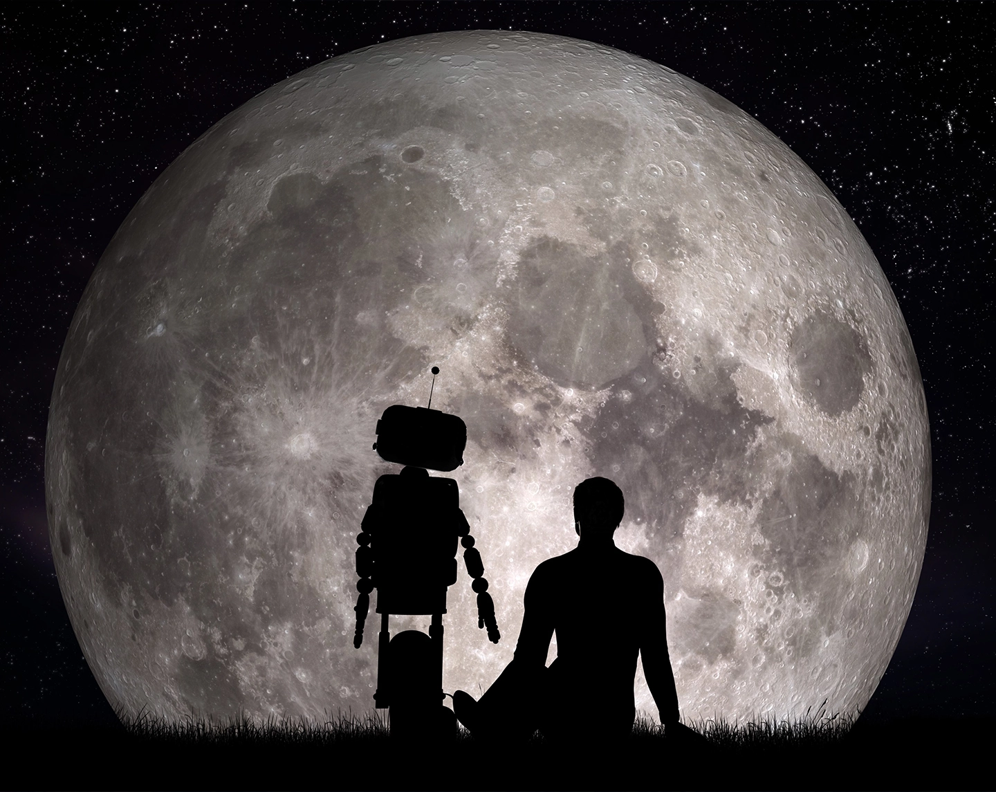 umano e robot che guardano la luna