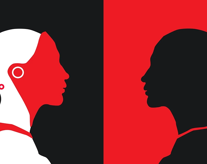 Illustrazione astratta con due profili umani stilizzati che si fronteggiano, uno bianco e rosso e uno nero su sfondo rosso.