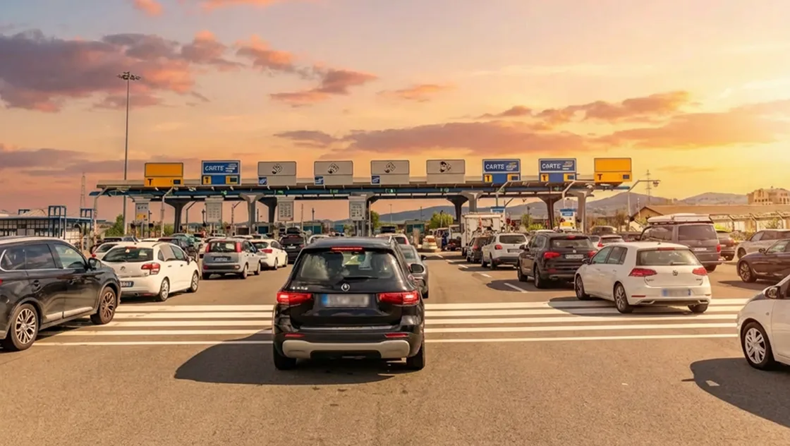 Coda di automobili in fila al casello autostradale