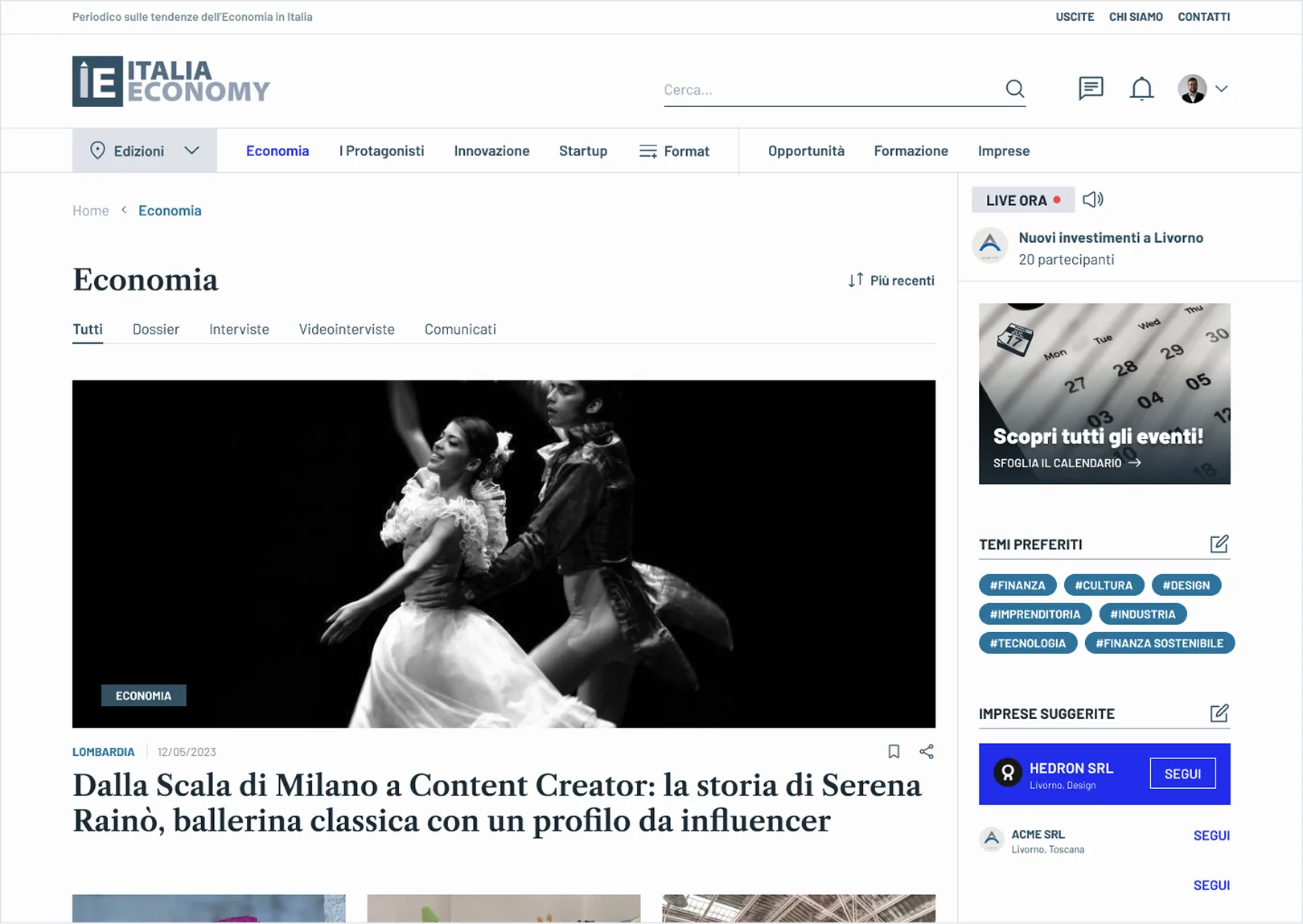 Home page del sito italiaeconomy con immagini di articoli di economia