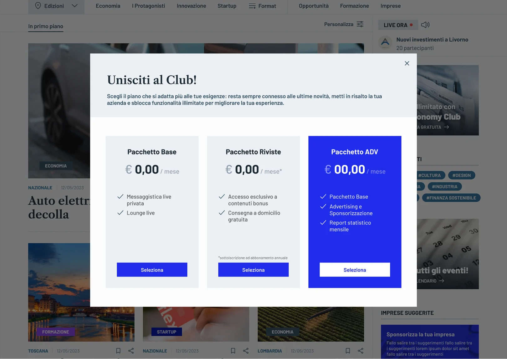 Immagine del sito italiaeconomy che mostra i pacchetti di abbonamento