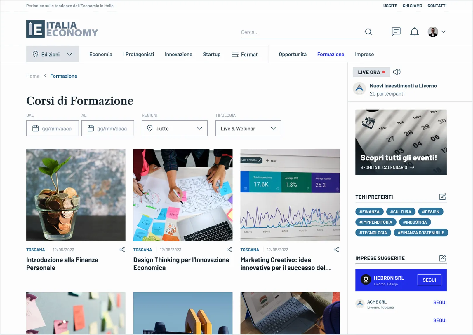 Immagine del sito italiaeconomy che mostra i corsi di formazione