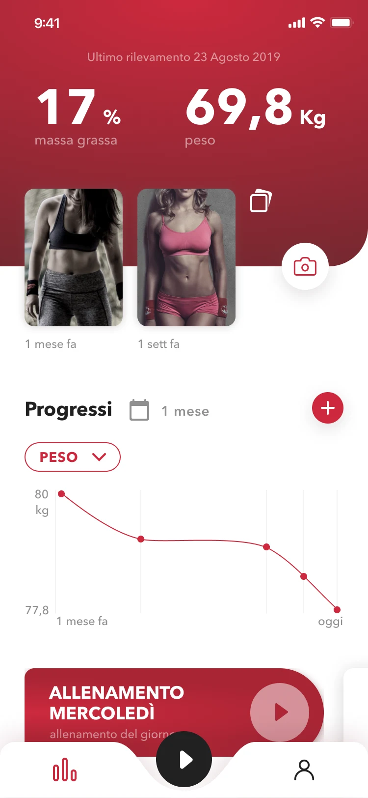 Schermata dell'app Revoo che mostra il peso attuale di 69,8 kg e il 17% di massa grassa, con foto dei progressi fisici (1 mese fa e 1 settimana fa), grafico del peso in calo nell’ultimo mese