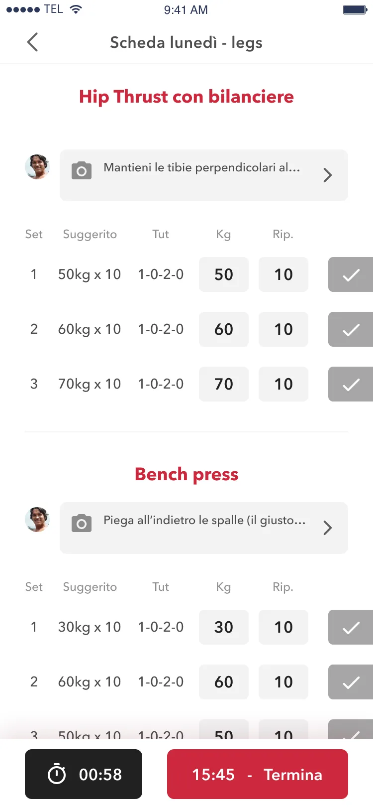 Schermata della scheda di allenamento del lunedì - legs. Due esercizi elencati: Hip Thrust con bilanciere e bench press.