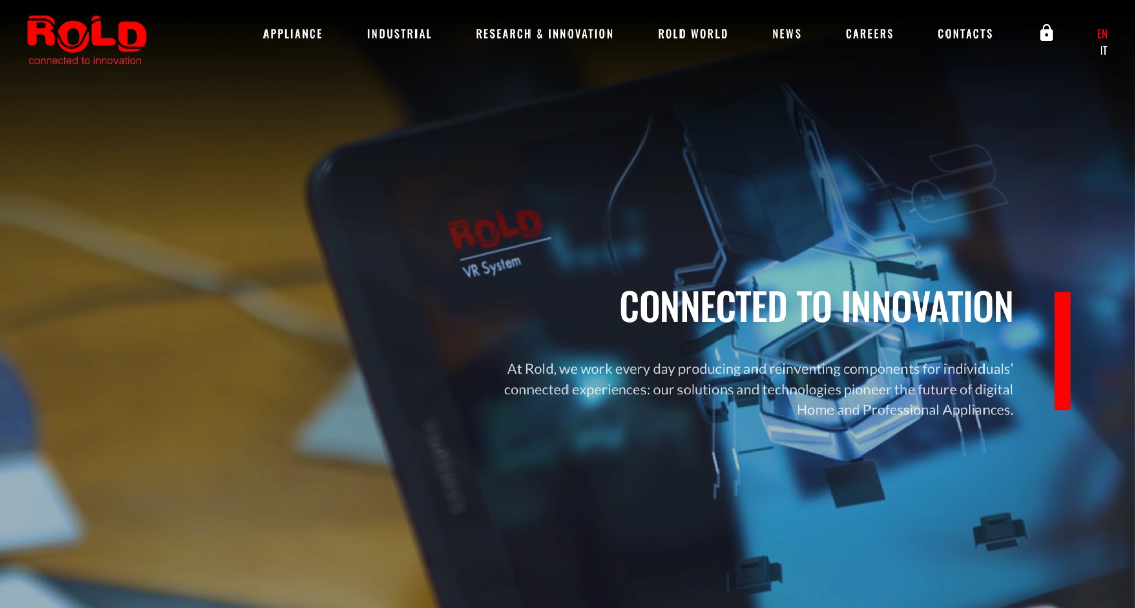 Homepage del sito ROLD con immagine di un dispositivo elettronico che mostra un sistema VR e il testo 'Connected to Innovation'.